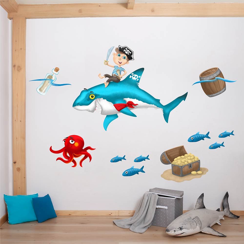Wandsticker Pirat und Haifisch
